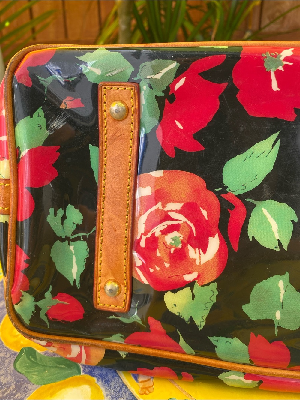 Dooney & Bourke Black Floral Coated Tote with Tan Leather Handles - Picture 10 of 16